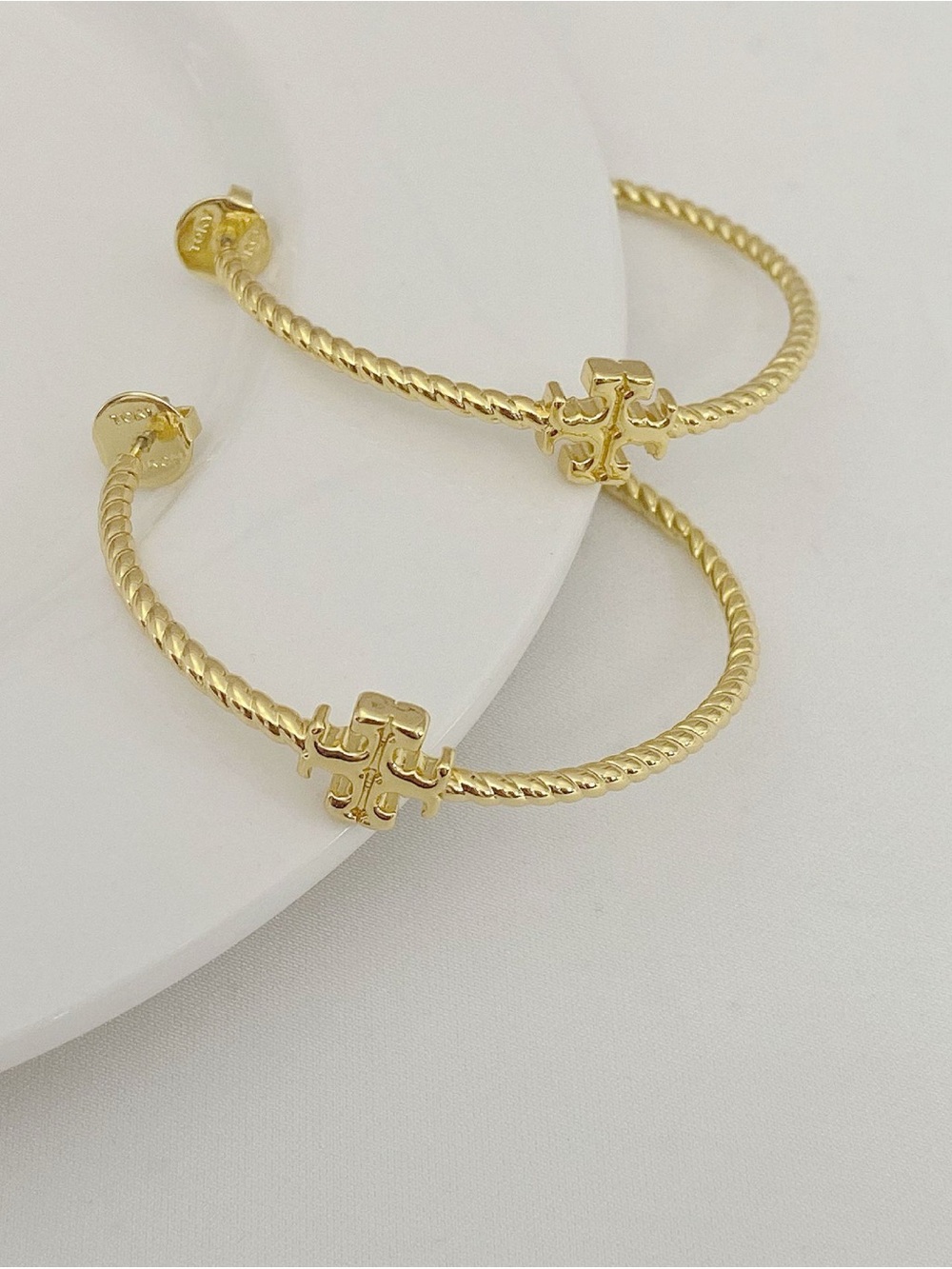 Tory Burch Gold Twisted Large Hoop Earrings with Signature Logo